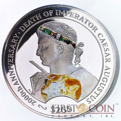 British Virgin Islands IMPERATOR CAESAR AUGUSTUS 2000th Anniversary of Death Silver coin $200 Proof 2014 diamonds inlay 2 Kilo